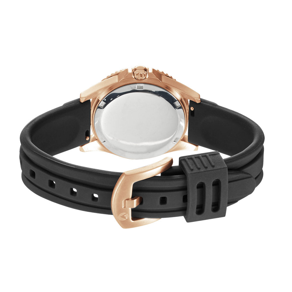Liberty Ladies Analogue Date Watch– Rose Gold Case, Black Dial & Black Silicone Strap
