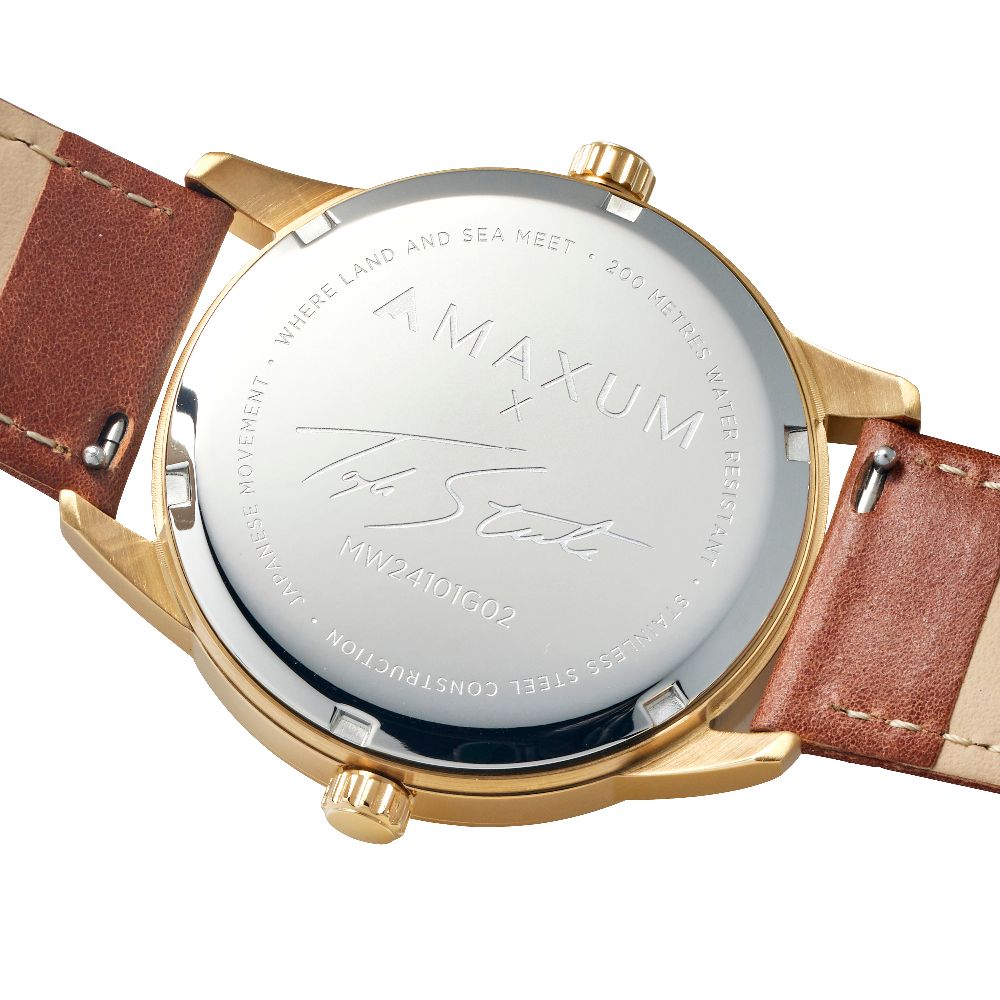 Maxum x Taylor Steele – Green Dial, Gold Tone Case & Brown Leather Band Watch
