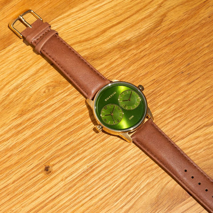 Maxum x Taylor Steele – Green Dial, Gold Tone Case & Brown Leather Band Watch