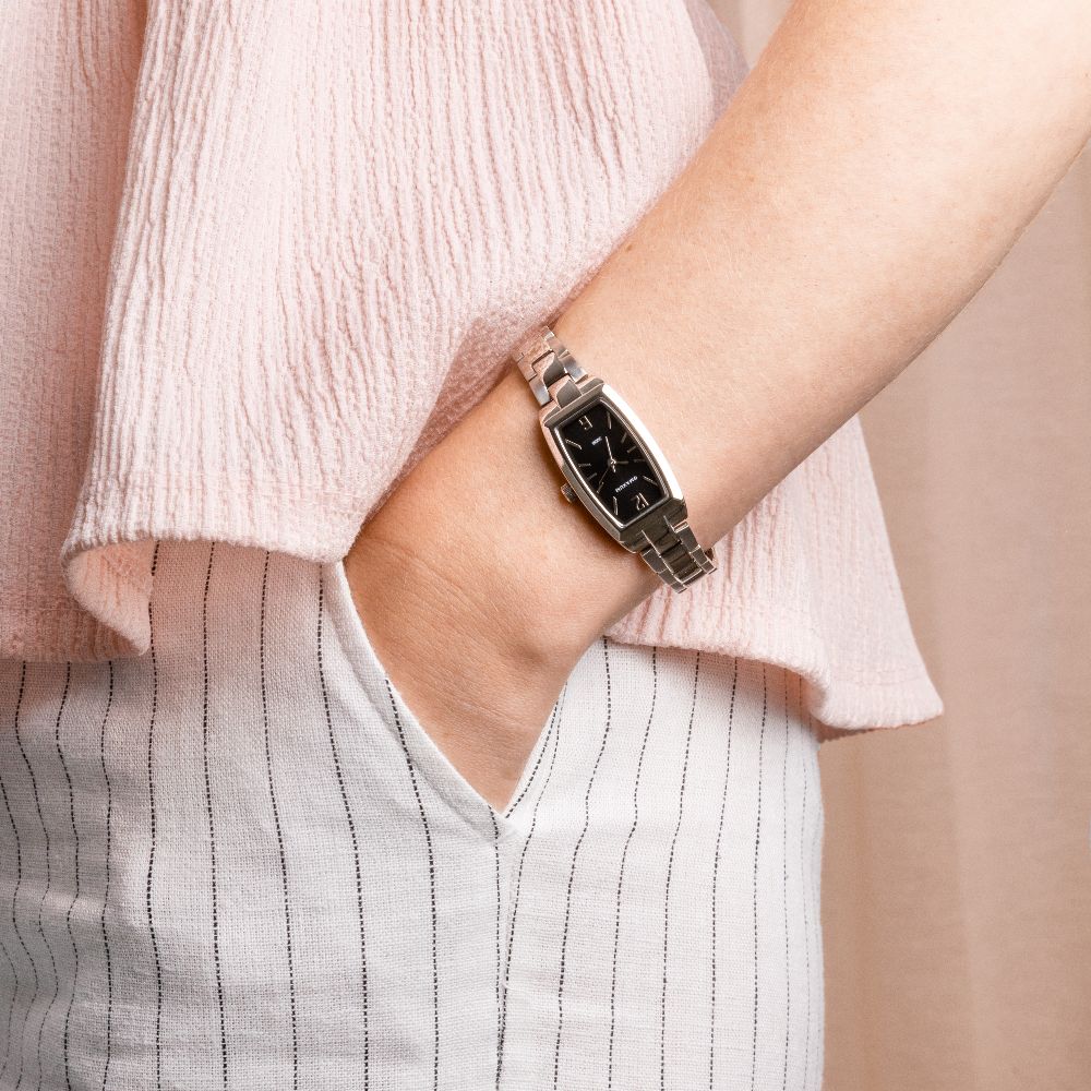Fanta Re-Issue Analogue Rectangular Watch – Silver Tone Case, Black Dial & Silver-Tone Bracelet