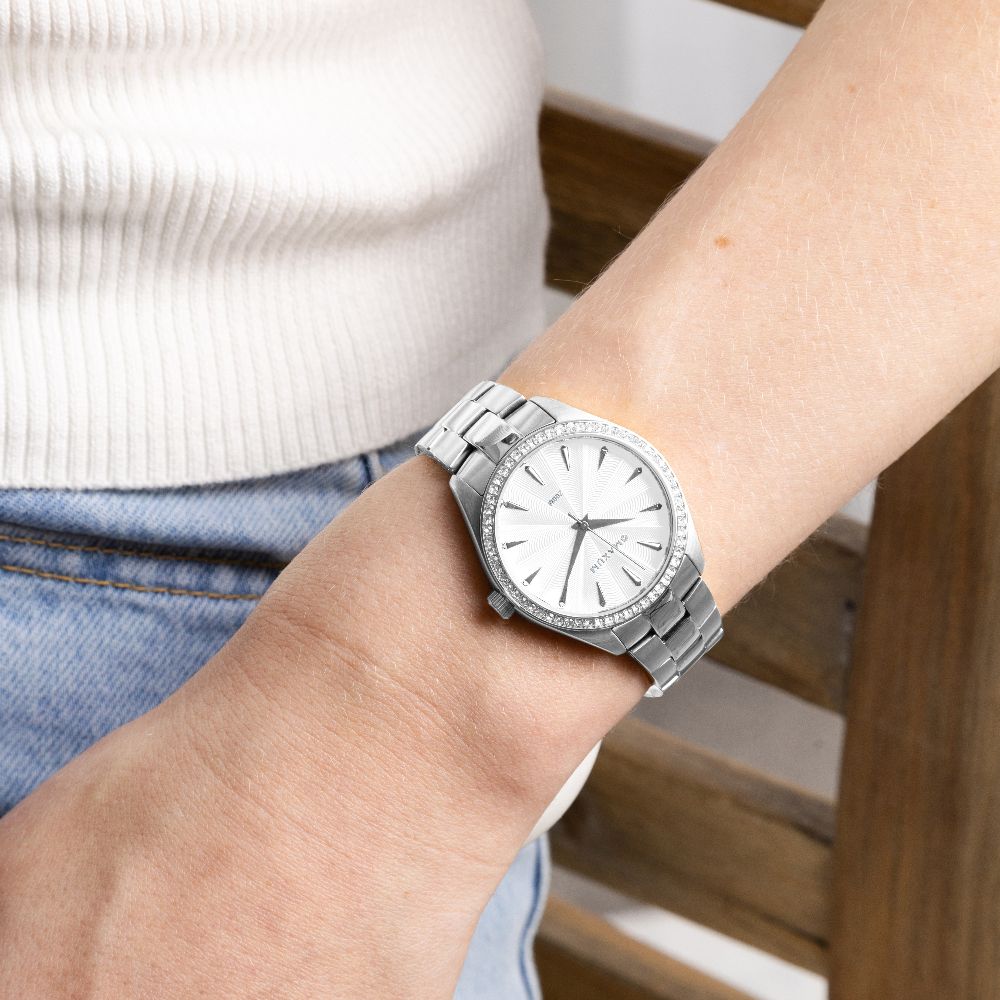 Sydney Crystal-Embellished Analogue Watch  –White Dial & Silver Tone Case & Bracelet