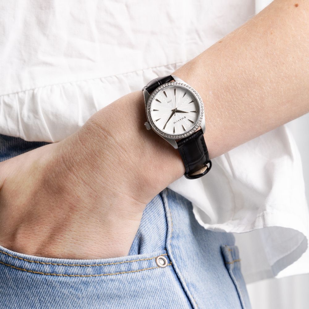 Sydney Crystal-Embellished Analogue Watch –White Dial, Silver Tone Case & Black Leather Band