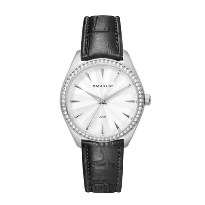 Sydney Crystal-Embellished Analogue Watch –White Dial, Silver Tone Case & Black Leather Band