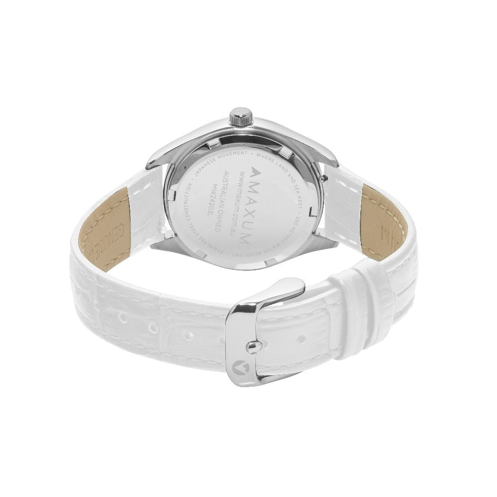 Sydney Crystal-Embellished Analogue Watch  –White Dial, Silver Tone Case & White Leather Band