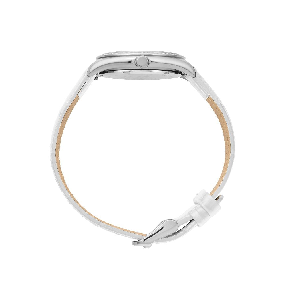Sydney Crystal-Embellished Analogue Watch  –White Dial, Silver Tone Case & White Leather Band