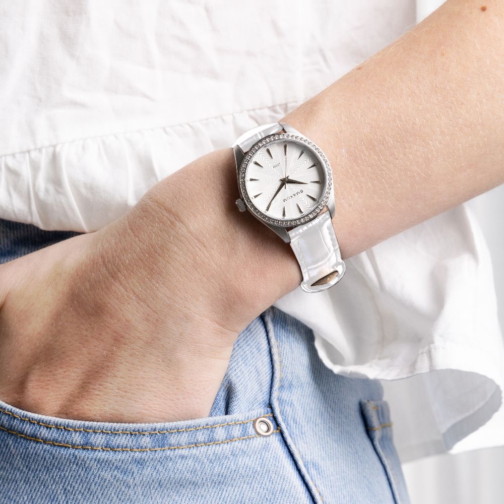 Sydney Crystal-Embellished Analogue Watch  –White Dial, Silver Tone Case & White Leather Band