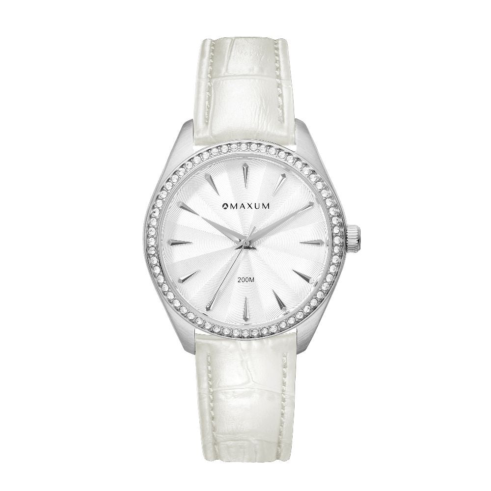 Sydney Crystal-Embellished Analogue Watch  –White Dial, Silver Tone Case & White Leather Band