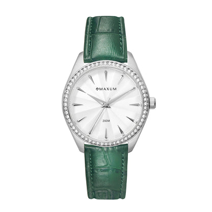 Sydney Crystal-Embellished Analogue Watch  –White Dial, Silver Tone Case & Green Leather Band