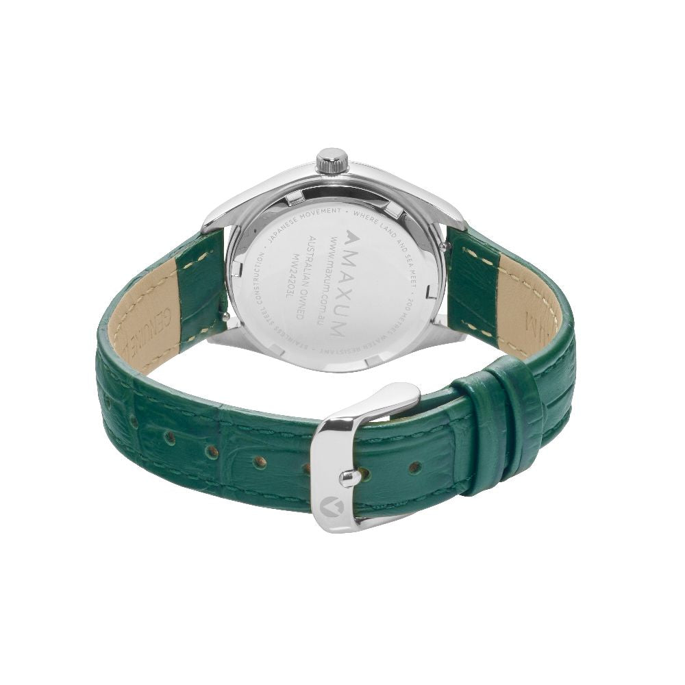 Sydney Crystal-Embellished Analogue Watch  –White Dial, Silver Tone Case & Green Leather Band