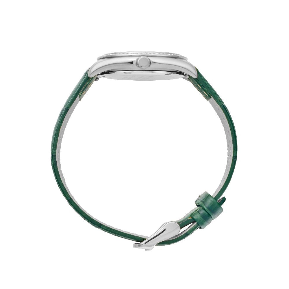 Sydney Crystal-Embellished Analogue Watch  –White Dial, Silver Tone Case & Green Leather Band