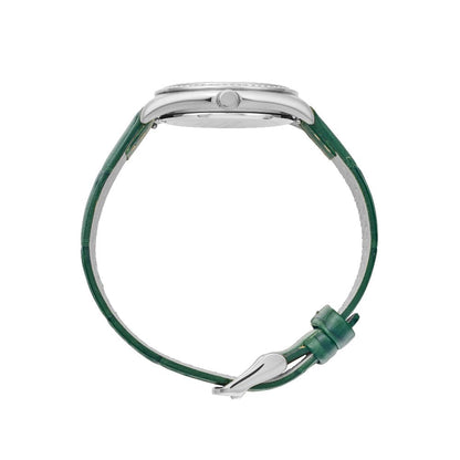 Sydney Crystal-Embellished Analogue Watch  –White Dial, Silver Tone Case & Green Leather Band