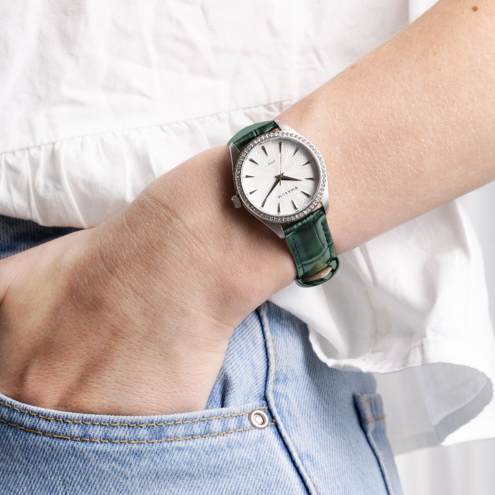 Sydney Crystal-Embellished Analogue Watch  –White Dial, Silver Tone Case & Green Leather Band