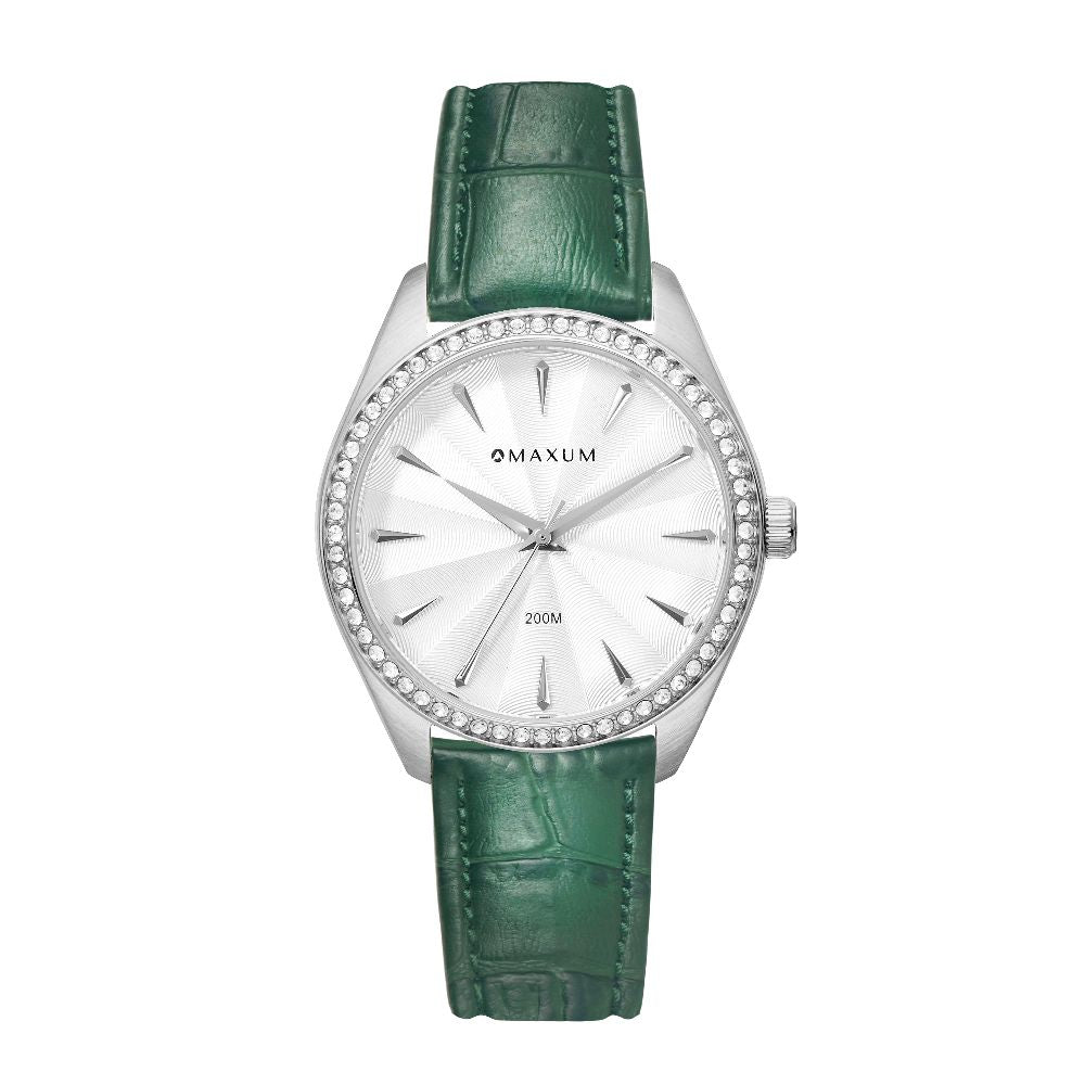 Sydney Crystal-Embellished Analogue Watch  –White Dial, Silver Tone Case & Green Leather Band