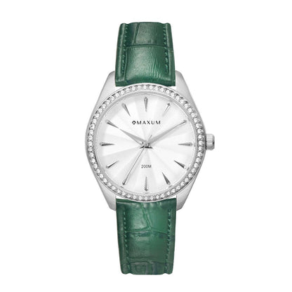 Sydney Crystal-Embellished Analogue Watch  –White Dial, Silver Tone Case & Green Leather Band