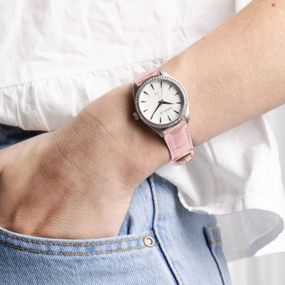 Sydney Crystal-Embellished Analogue Watch –White Dial, Silver Tone Case & Blush Leather Band