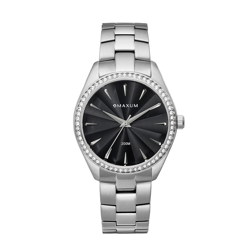 Sydney Crystal-Embellished Analogue Watch  –Black Dial & Silver Tone Case & Bracelet