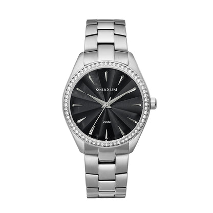 Sydney Crystal-Embellished Analogue Watch  –Black Dial & Silver Tone Case & Bracelet