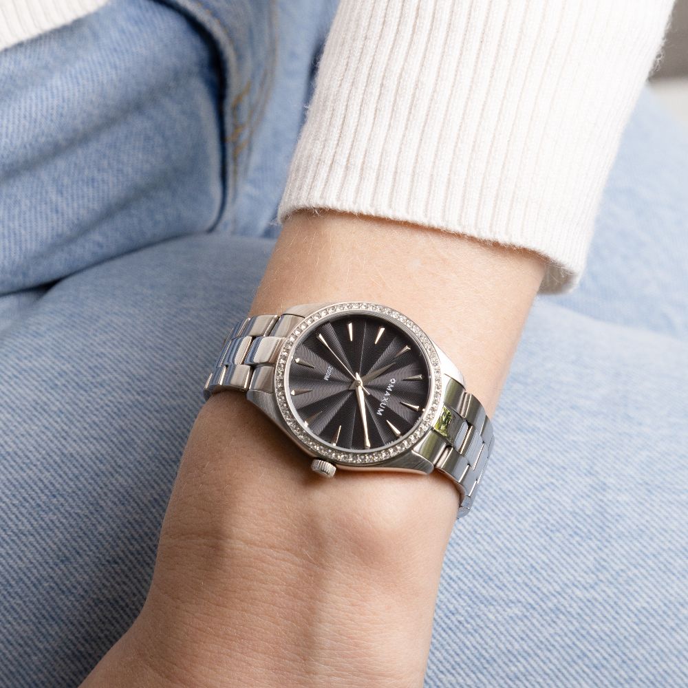 Sydney Crystal-Embellished Analogue Watch  –Black Dial & Silver Tone Case & Bracelet
