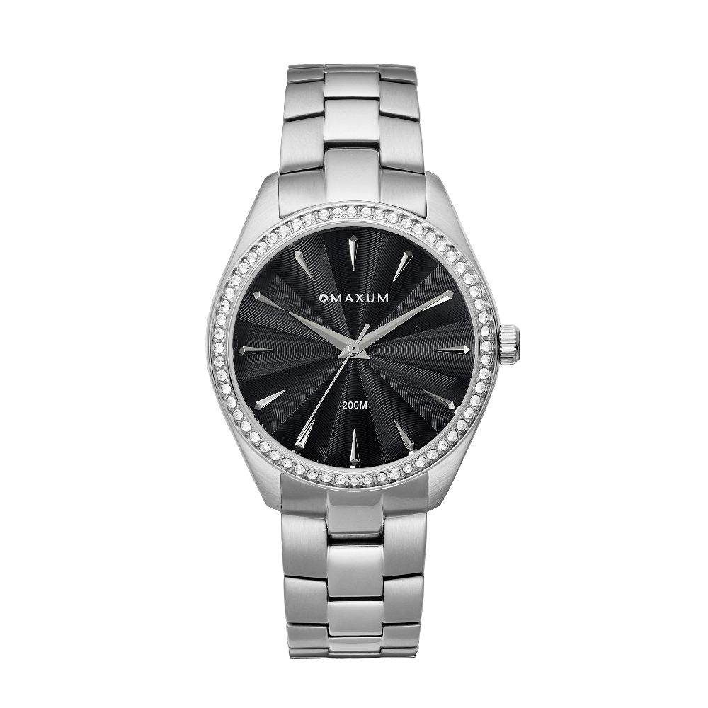 Sydney Crystal-Embellished Analogue Watch  –Black Dial & Silver Tone Case & Bracelet