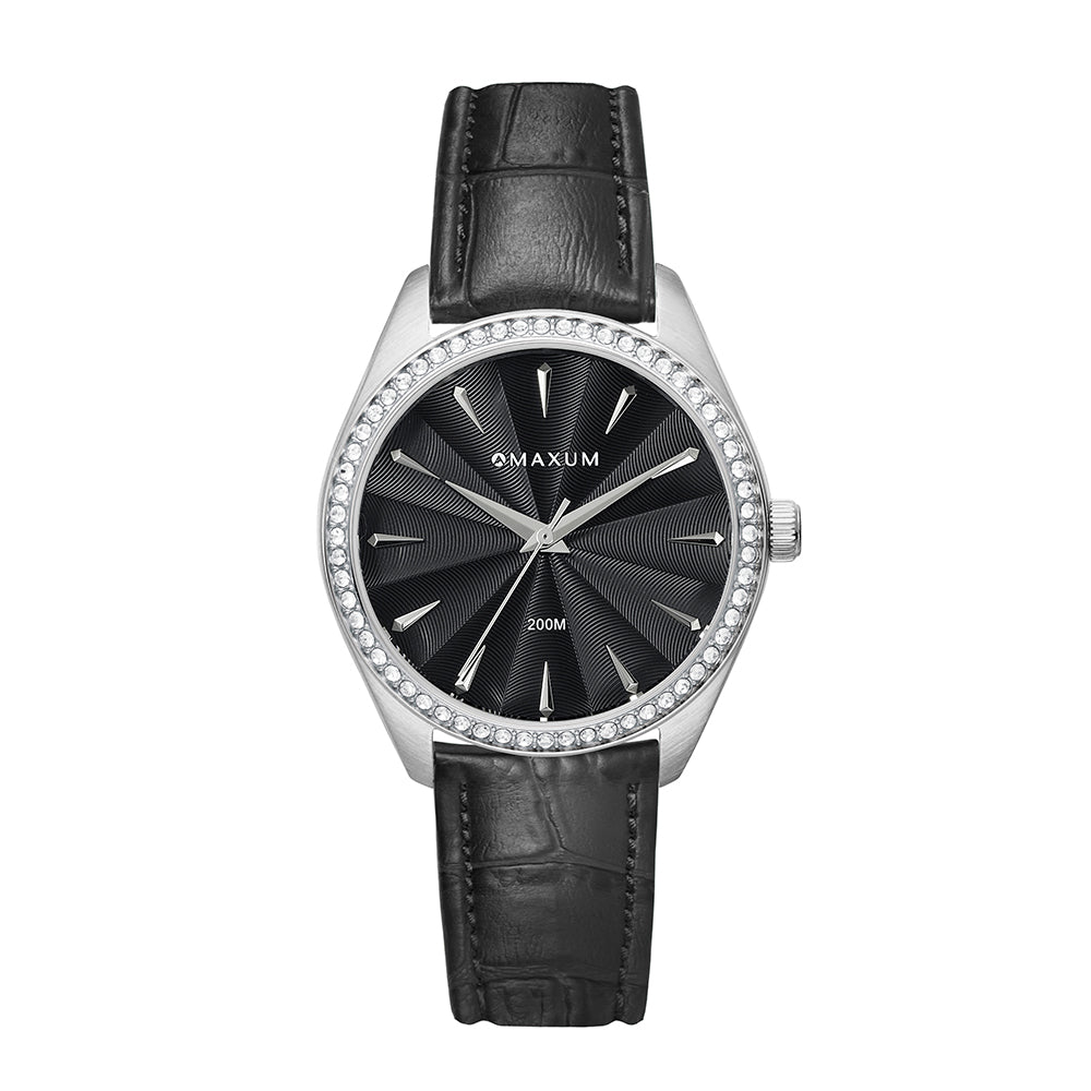 Sydney Crystal-Embellished Analogue Watch  –Black Dial, Silver Tone Case & Black Leather Band