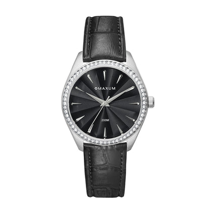 Sydney Crystal-Embellished Analogue Watch  –Black Dial, Silver Tone Case & Black Leather Band