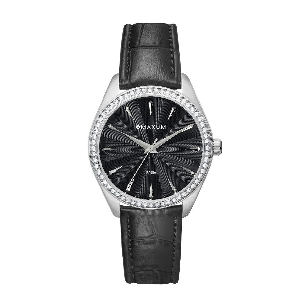 Sydney Crystal-Embellished Analogue Watch  –Black Dial, Silver Tone Case & Black Leather Band
