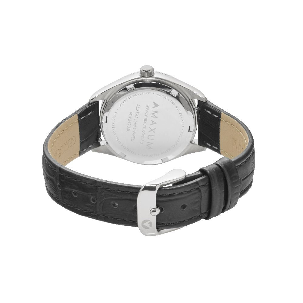 Sydney Crystal-Embellished Analogue Watch  –Black Dial, Silver Tone Case & Black Leather Band