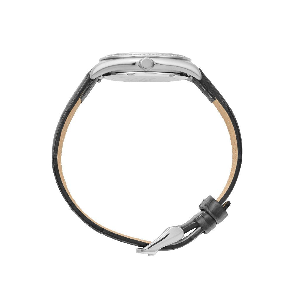 Sydney Crystal-Embellished Analogue Watch  –Black Dial, Silver Tone Case & Black Leather Band