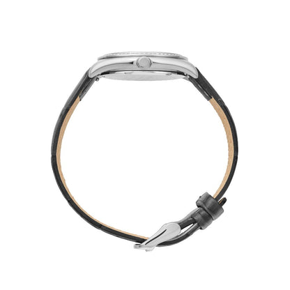 Sydney Crystal-Embellished Analogue Watch  –Black Dial, Silver Tone Case & Black Leather Band