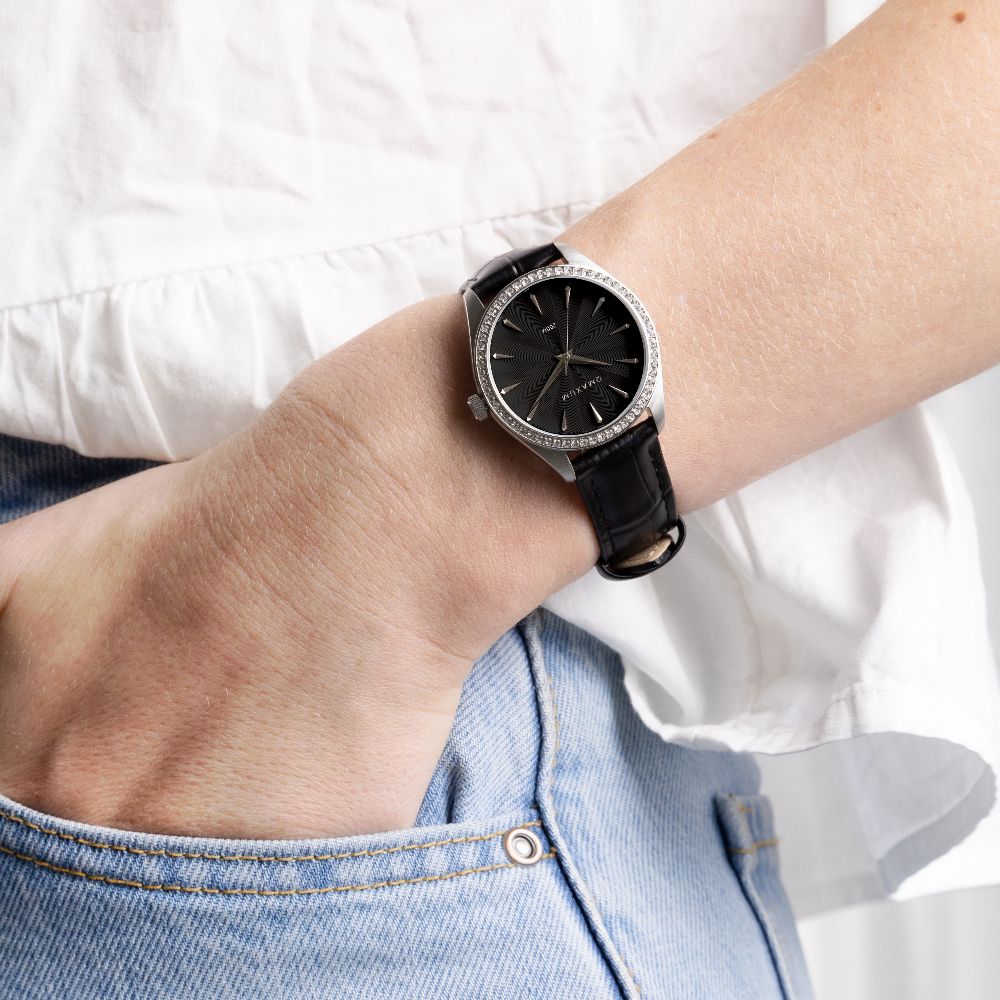 Sydney Crystal-Embellished Analogue Watch  –Black Dial, Silver Tone Case & Black Leather Band