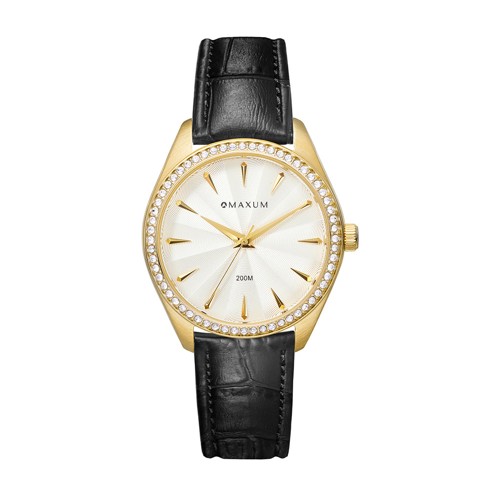 Sydney Crystal-Embellished Analogue Watch –White Dial, Silver Tone Case & Black Leather Band