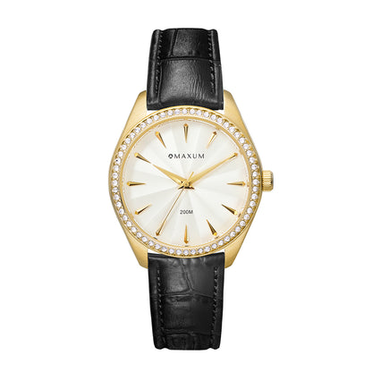 Sydney Crystal-Embellished Analogue Watch –White Dial, Silver Tone Case & Black Leather Band