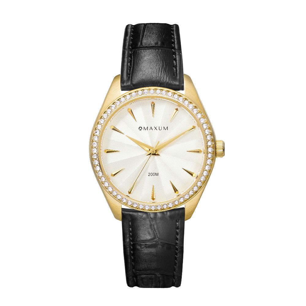 Sydney Crystal-Embellished Analogue Watch  –White Dial, Gold Tone Case & Black Leather Band