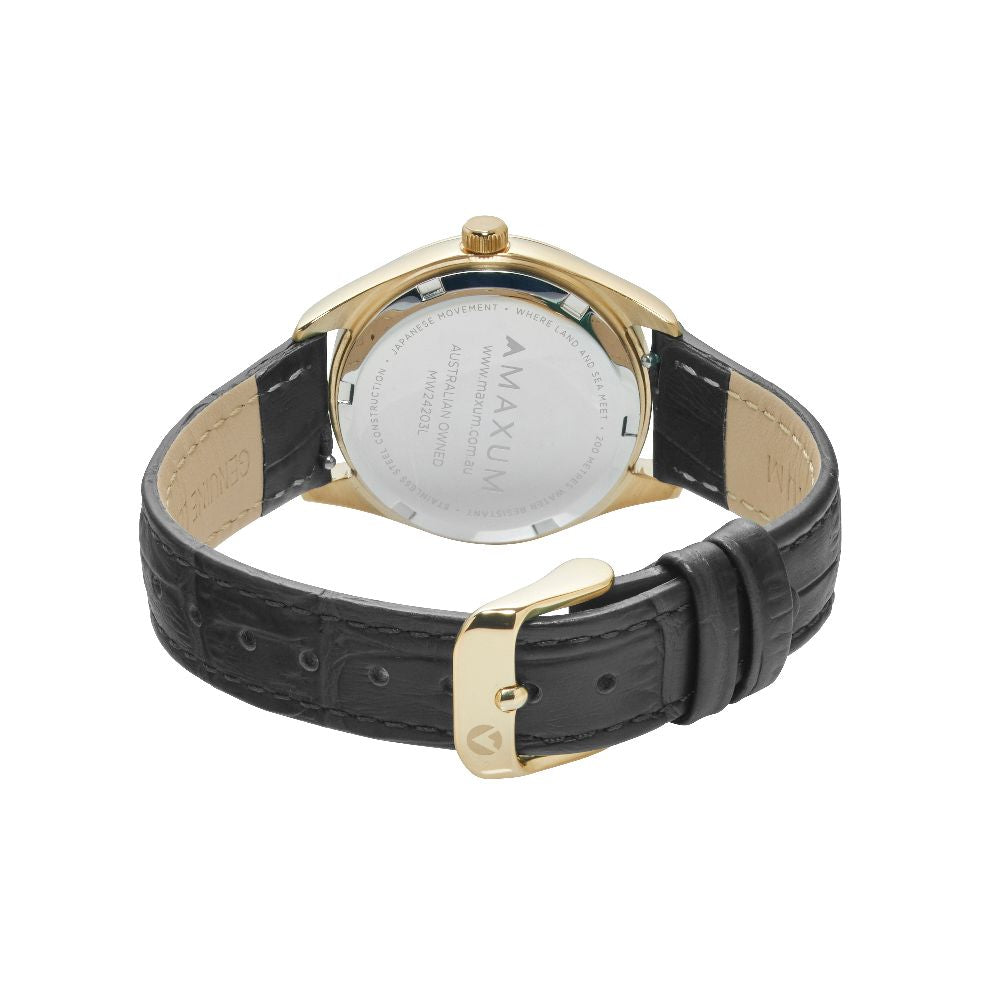 Sydney Crystal-Embellished Analogue Watch  –White Dial, Gold Tone Case & Black Leather Band