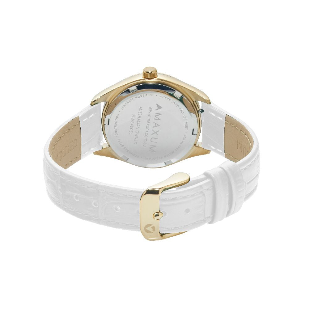 Sydney Crystal-Embellished Analogue Watch  –White Dial, Gold Tone Case & White Leather Band
