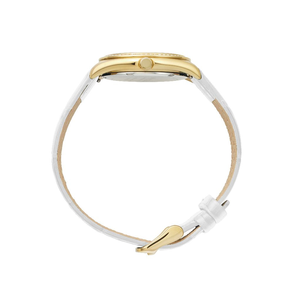 Sydney Crystal-Embellished Analogue Watch  –White Dial, Gold Tone Case & White Leather Band