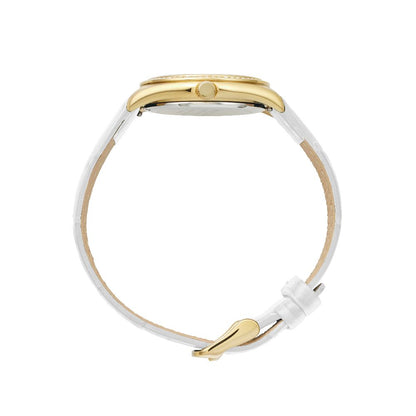 Sydney Crystal-Embellished Analogue Watch  –White Dial, Gold Tone Case & White Leather Band