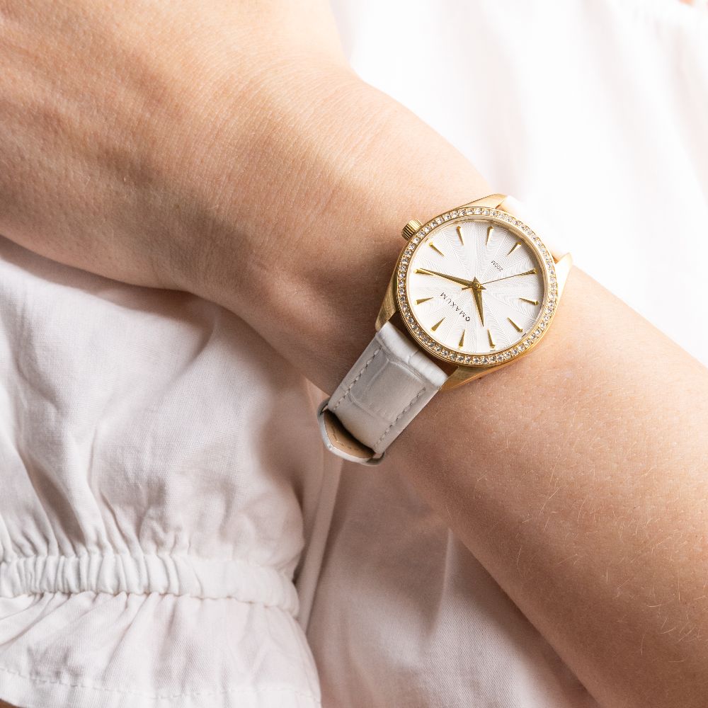 Sydney Crystal-Embellished Analogue Watch  –White Dial, Gold Tone Case & White Leather Band
