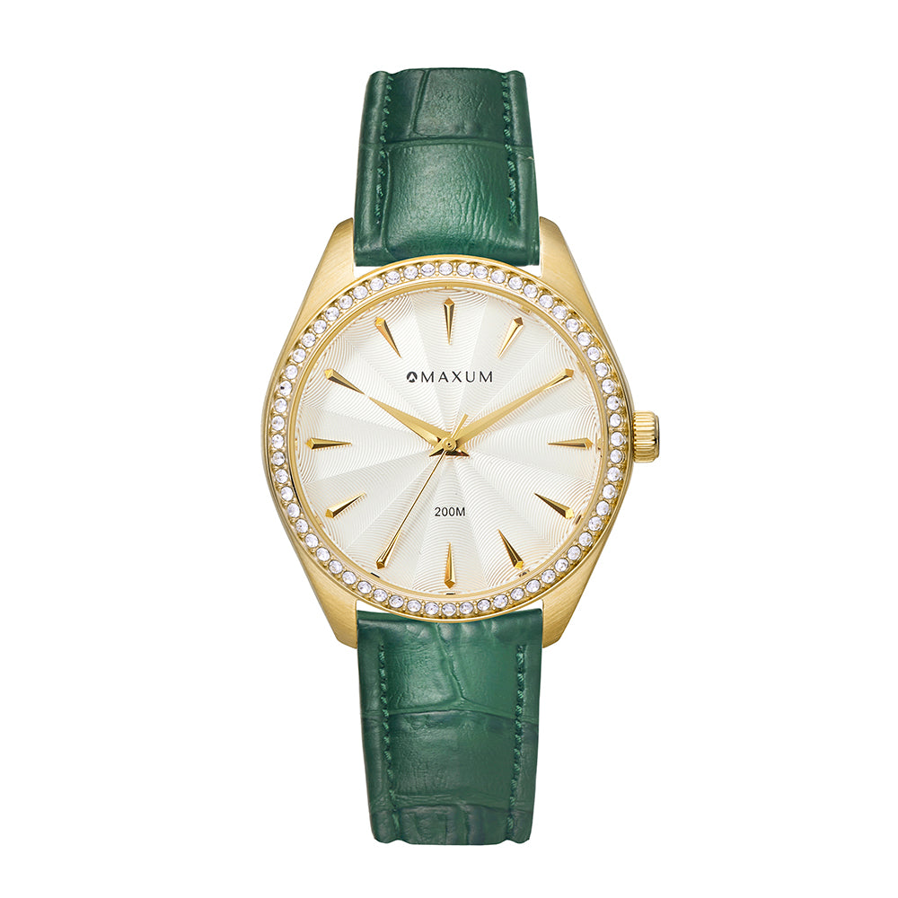 Sydney Crystal-Embellished Analogue Watch  –White Dial, Gold Tone Case & Green Leather Band