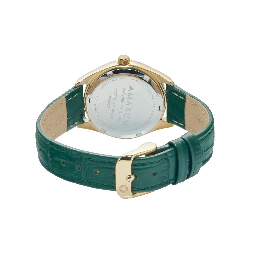 Sydney Crystal-Embellished Analogue Watch  –White Dial, Gold Tone Case & Green Leather Band
