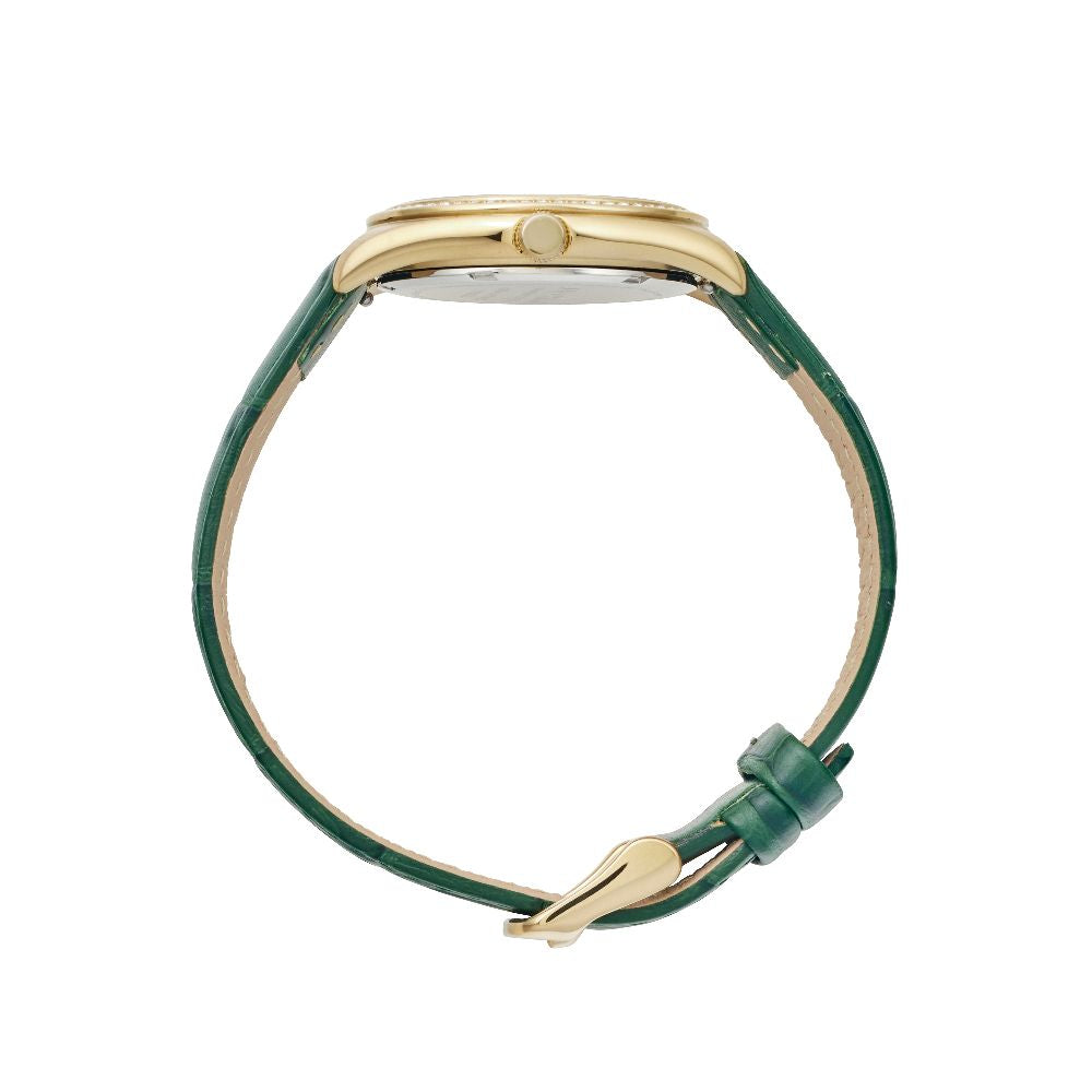 Sydney Crystal-Embellished Analogue Watch  –White Dial, Gold Tone Case & Green Leather Band