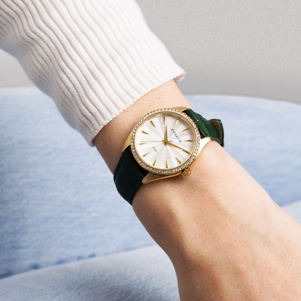 Sydney Crystal-Embellished Analogue Watch  –White Dial, Gold Tone Case & Green Leather Band