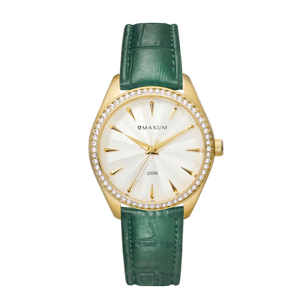 Sydney Crystal-Embellished Analogue Watch  –White Dial, Gold Tone Case & Green Leather Band
