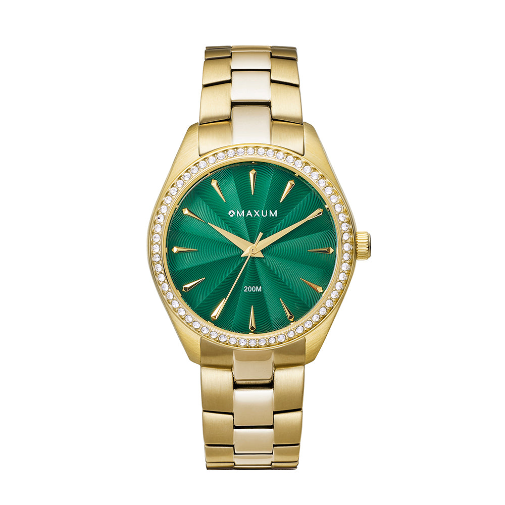 Sydney Crystal-Embellished Analogue Watch  –Green Dial, Gold Tone Case & Gold Bracelet