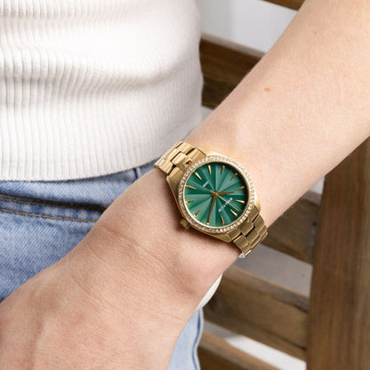 Sydney Crystal-Embellished Analogue Watch  –Green Dial, Gold Tone Case & Gold Bracelet