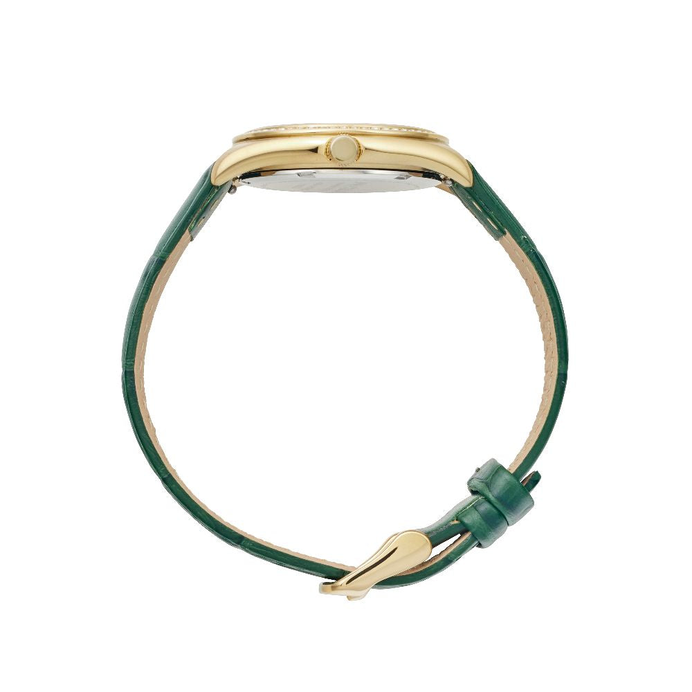 Sydney Crystal-Embellished Analogue Watch  –Green Dial, Gold Tone Case & Green Leather Band