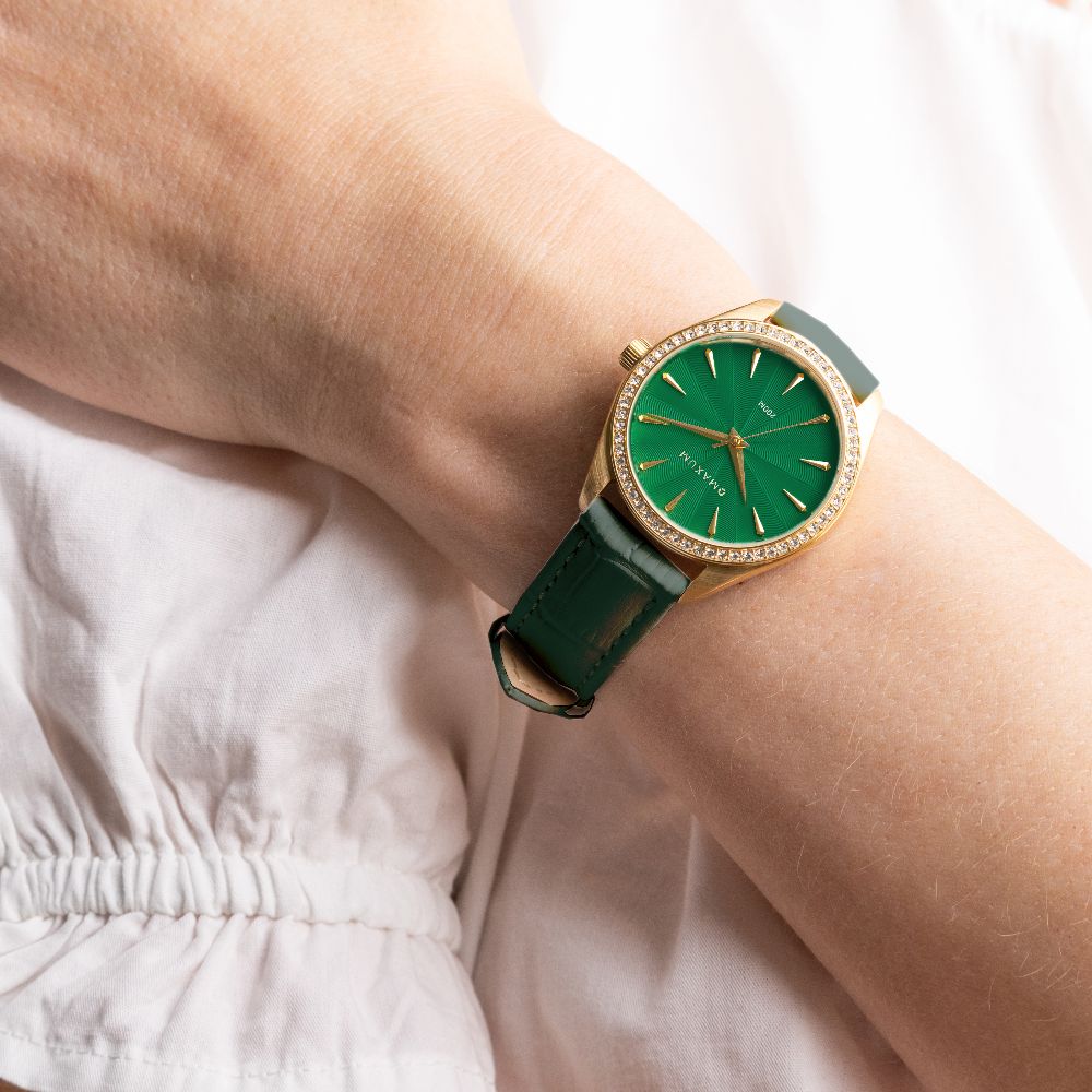Sydney Crystal-Embellished Analogue Watch  –Green Dial, Gold Tone Case & Green Leather Band
