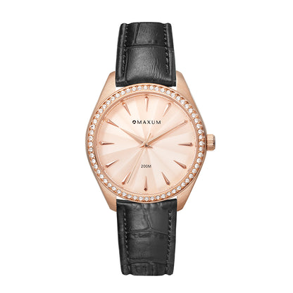 Sydney Crystal-Embellished Analogue Watch  – Rose Gold Tone Dial, Rose Gold Tone Case & Black Leather Band