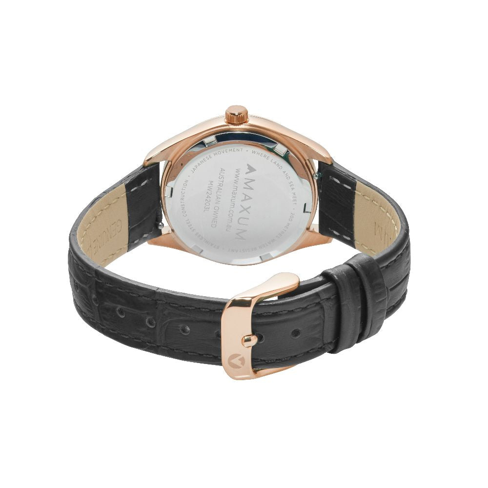 Sydney Crystal-Embellished Analogue Watch  – Rose Gold Tone Dial, Rose Gold Tone Case & Black Leather Band
