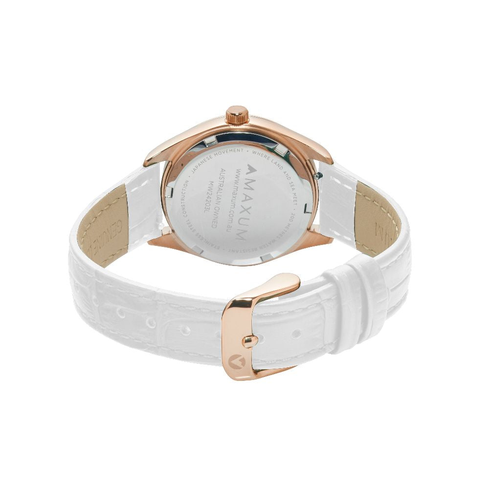 Sydney Crystal-Embellished Analogue Watch  – Rose Gold Tone Dial, Rose Gold Tone Case & White Leather Band